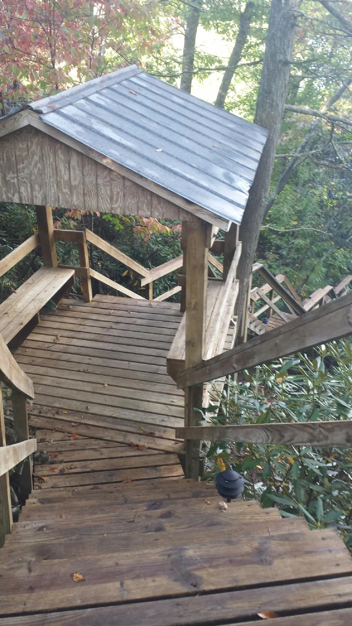 Metal roofed shelter over wooden steps on a wooded walkway — Skylight Repair & Installation work by our crew in Goodrich